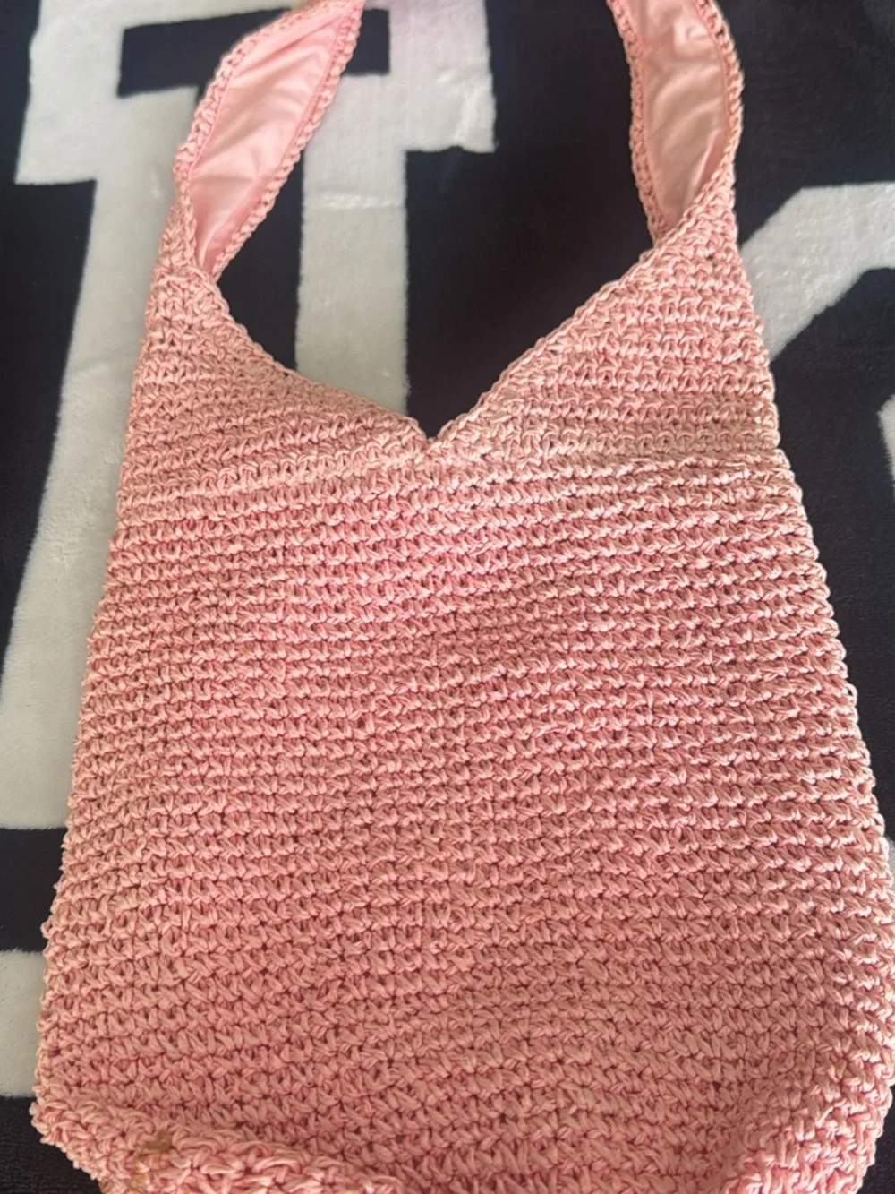 Pink Crochet Shoulder Bag with Soft Knit Strap